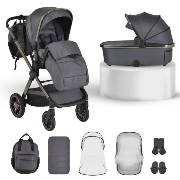iCLICK Babakocsi 2in1 szett 22kg, aluminium váz, fordítható ülés, autom. csukható SZÜRKE