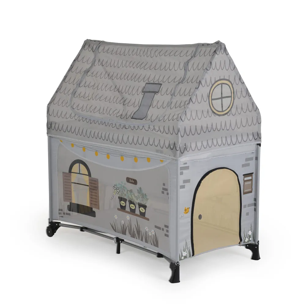 PLAYHOUSE összecsukható házikó utazóágy, tetővel, kibújóval SZÜRKE